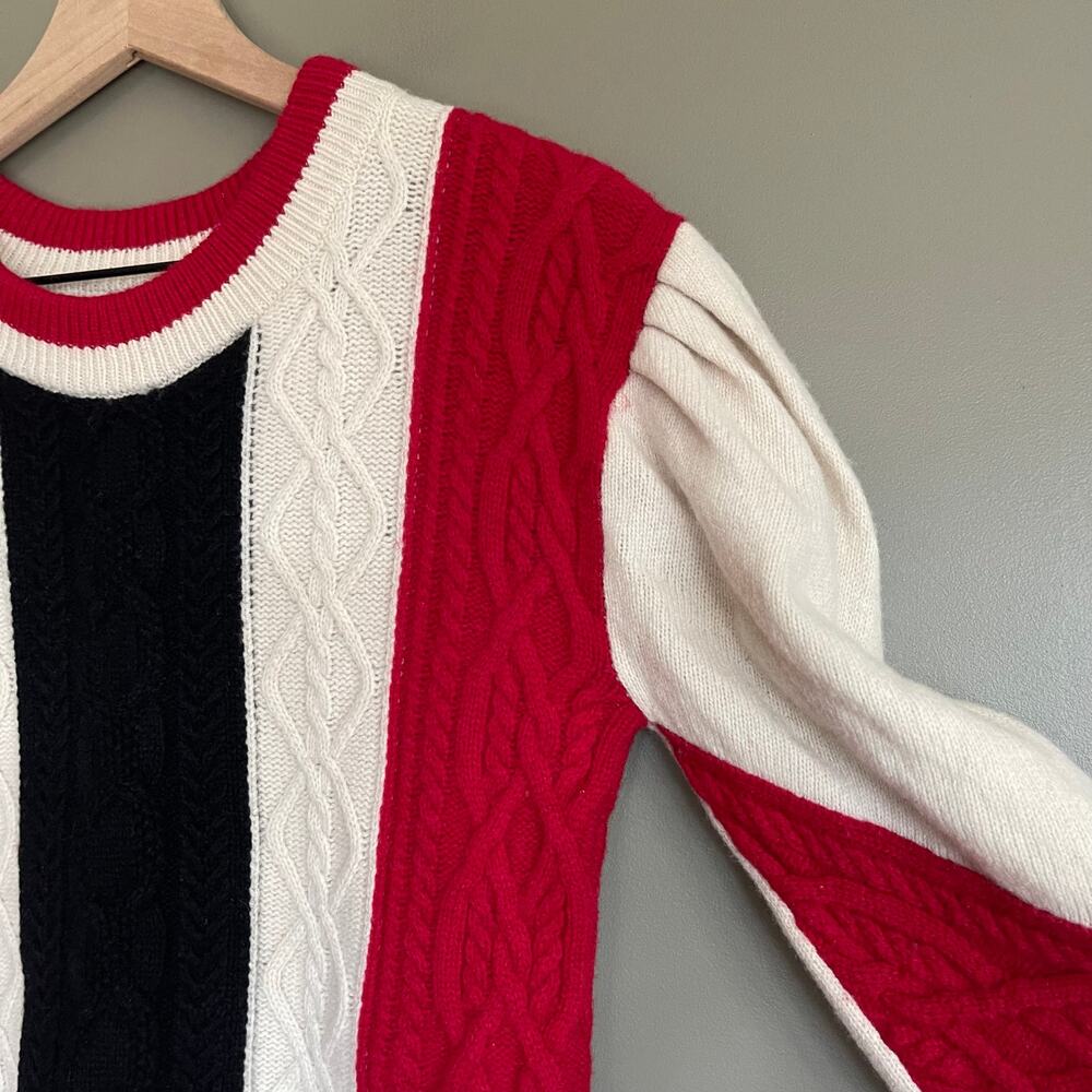 CLAUDIE PIERLOT Mixity Pullover Sweater Size Medium Red Black Cream Puff Sleeves - Picture 13 of 16